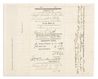 (MORMONS.) Summons issued to Joseph Smith and others to appear as witnesses in an Illinois court case.